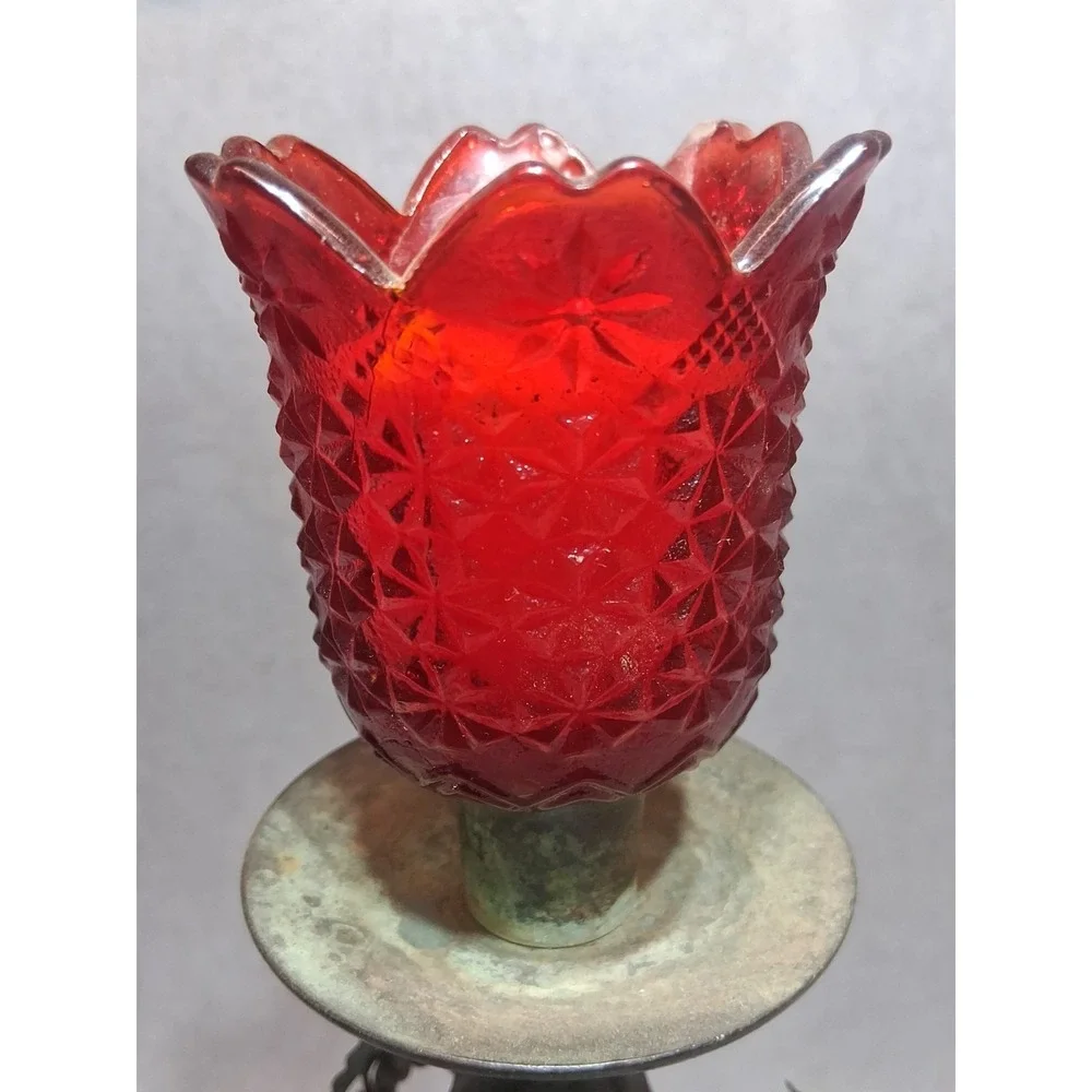 Metal Rustic Leaf Candle Stick Holders Set Of 2/Base Can Be Unscrewed Red Insert